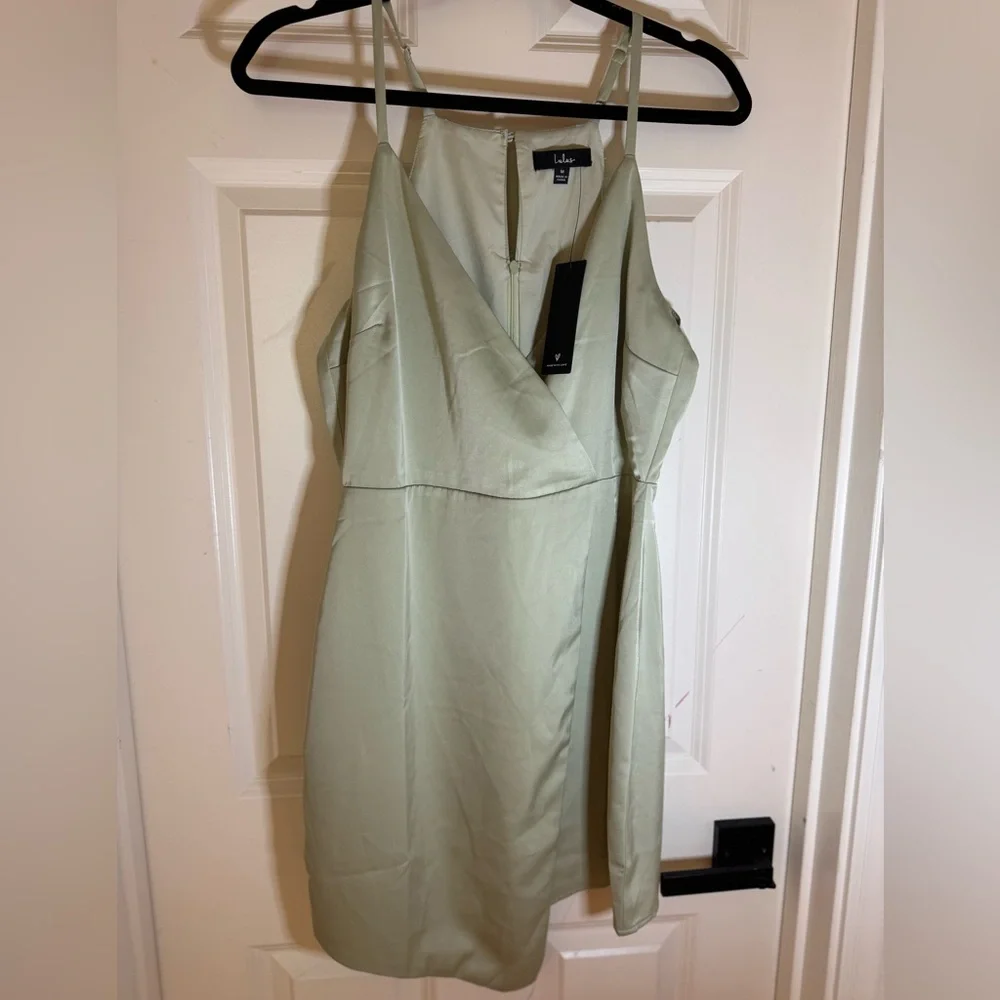 NWT Lulus What a Stunner Sage Green Satin Asymmetrical Mini Dress, Medium - Picture 5 of 8